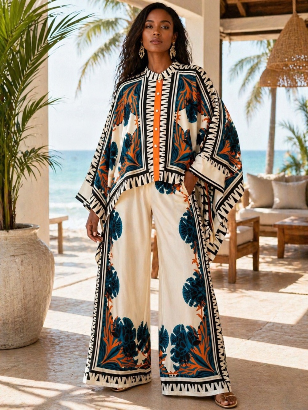 Boutique Ivory Tropical Print 2-Piece Resort Set XL Wide Leg Pants Kimono Top